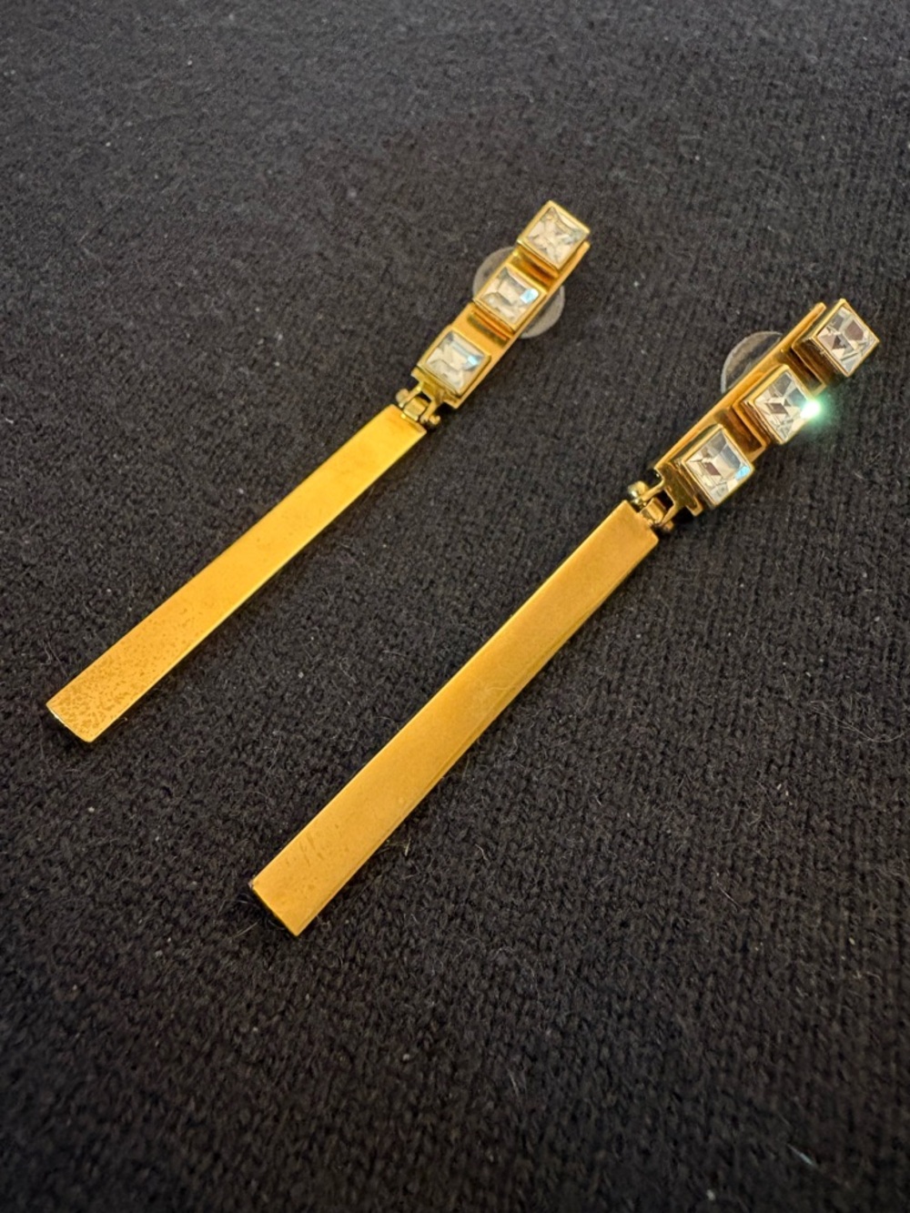 Gold Drop Bar Earrings with Clear Crystal Accents - Women Jewelry